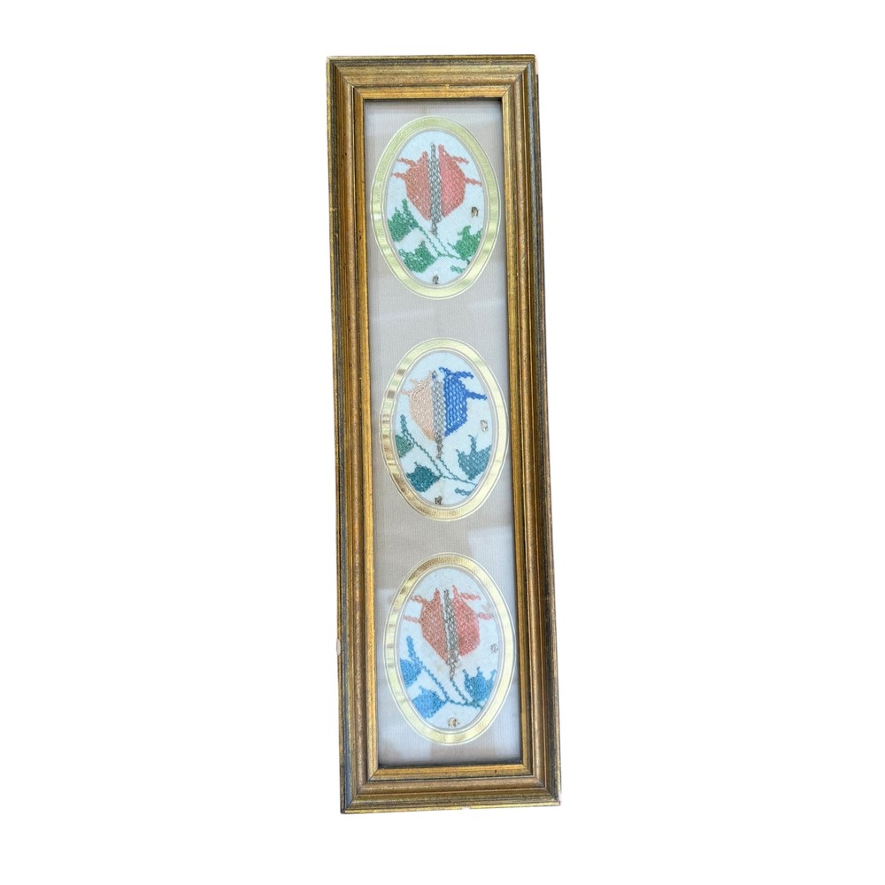 Vintage Framed Needlepoint Wall Art Floral Gold Wood Frame 15.5x4.5 Multi Color